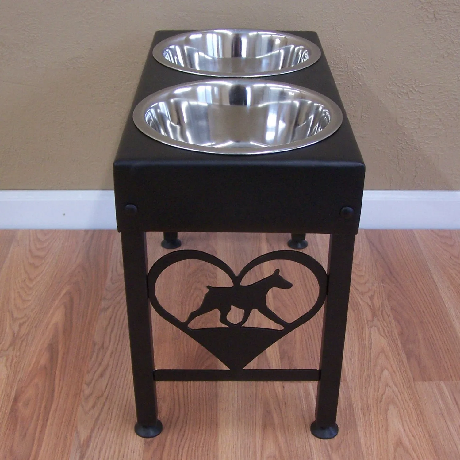 Doberman Pinscher Metal Art Elevated Floor Stand Dog Feeder
