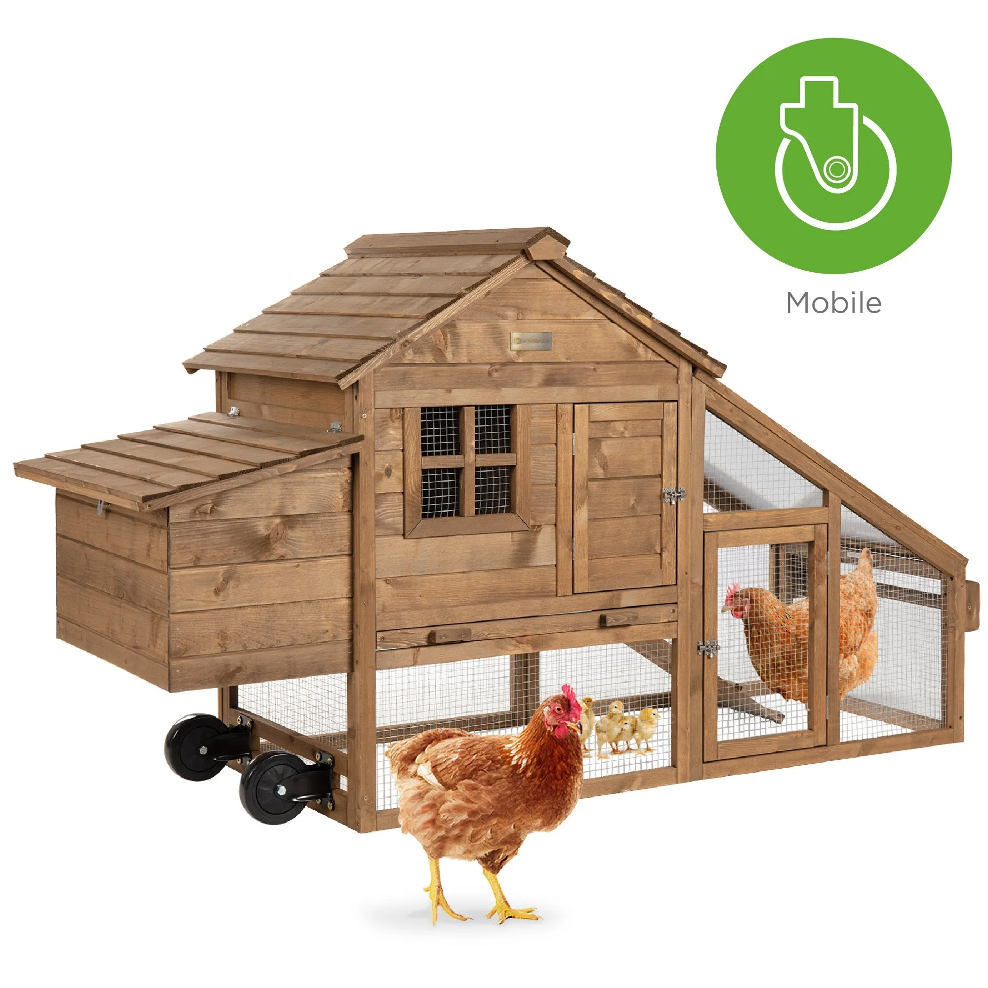 Mobile Wood Chicken Coop w/ Wheels, 2 Doors, Nest Box, UV Panel - 70in