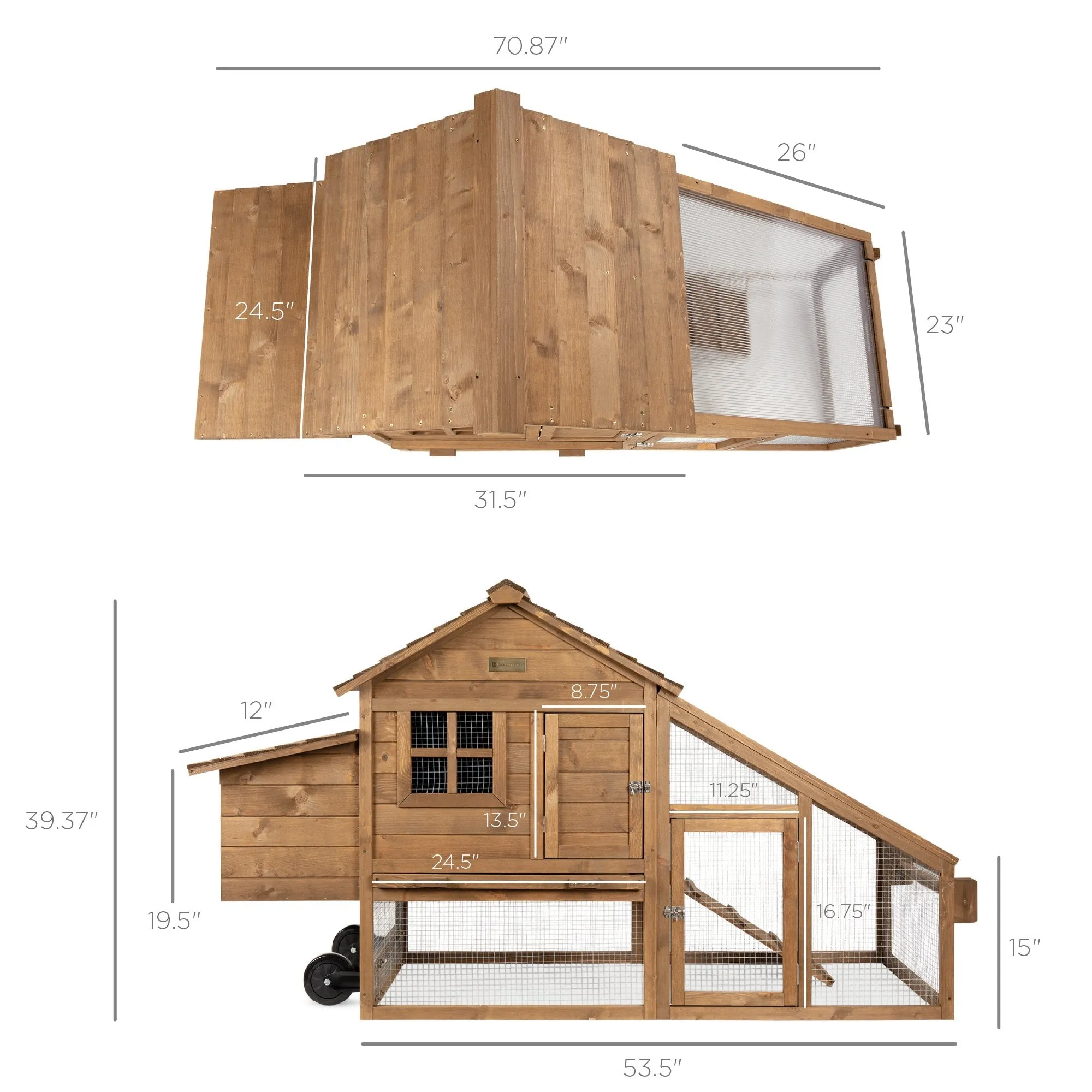 Mobile Wood Chicken Coop w/ Wheels, 2 Doors, Nest Box, UV Panel - 70in
