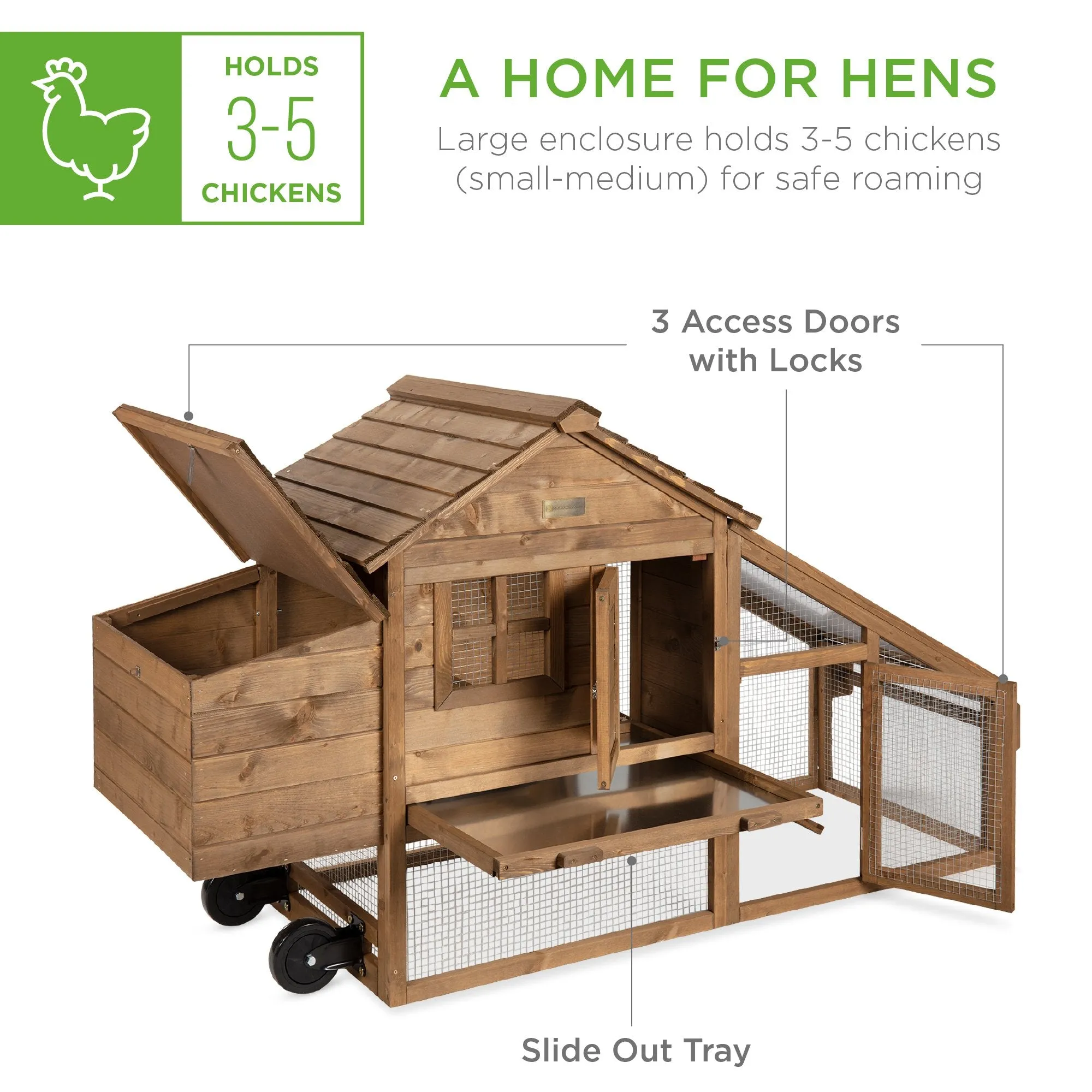 Mobile Wood Chicken Coop w/ Wheels, 2 Doors, Nest Box, UV Panel - 70in