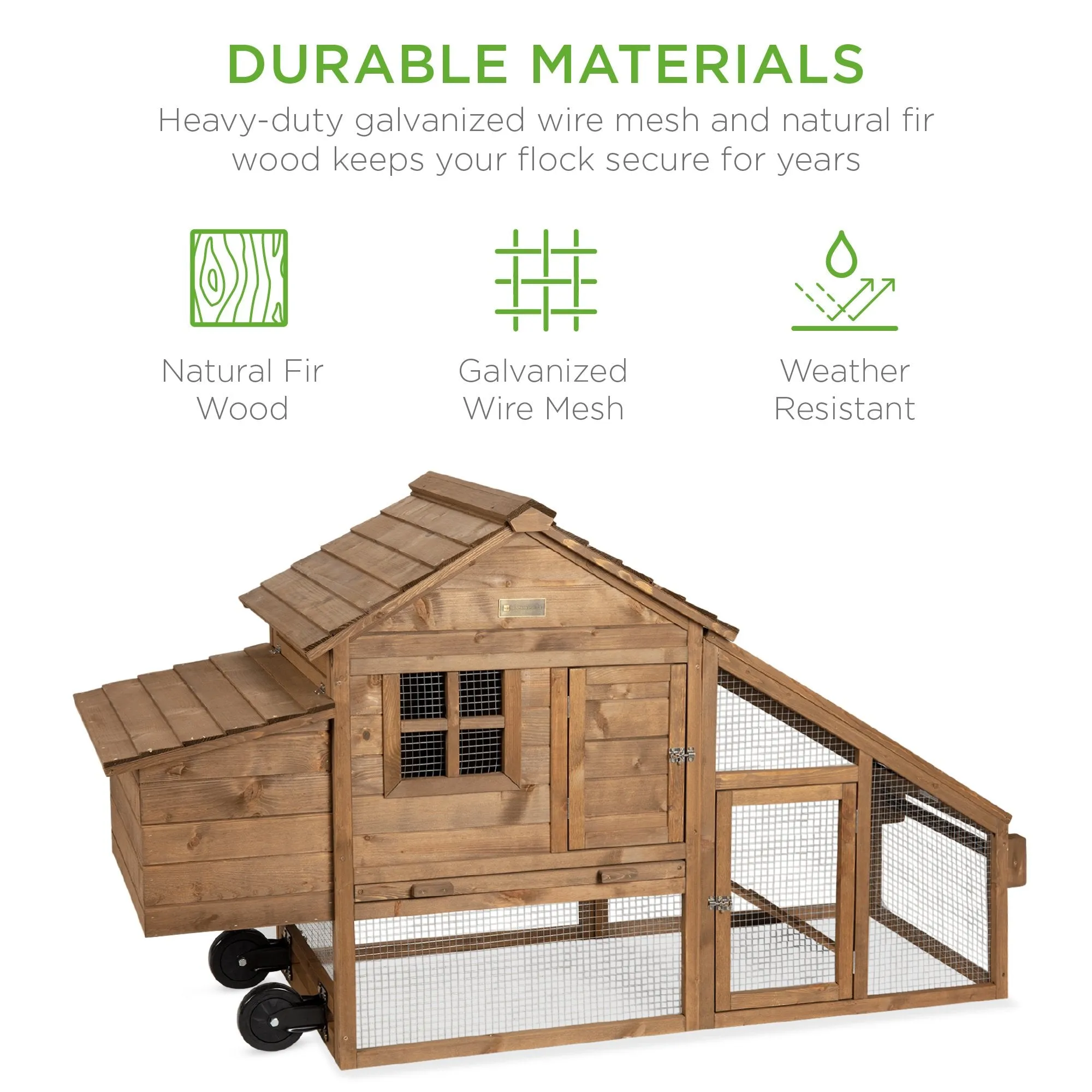 Mobile Wood Chicken Coop w/ Wheels, 2 Doors, Nest Box, UV Panel - 70in