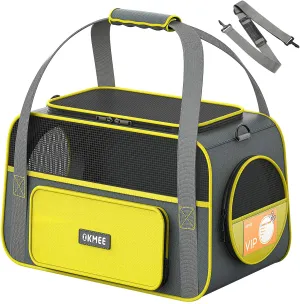 New OKMEE Soft Pet Carrier For Small Medium Cats Dogs Puppies, Cat Carrier With Big Space, 5 Mesh Windows, 3 Doors, Airline Approved, Escape-Proof, Breathable, Leak-Proof, Easy Storage, grey yellow