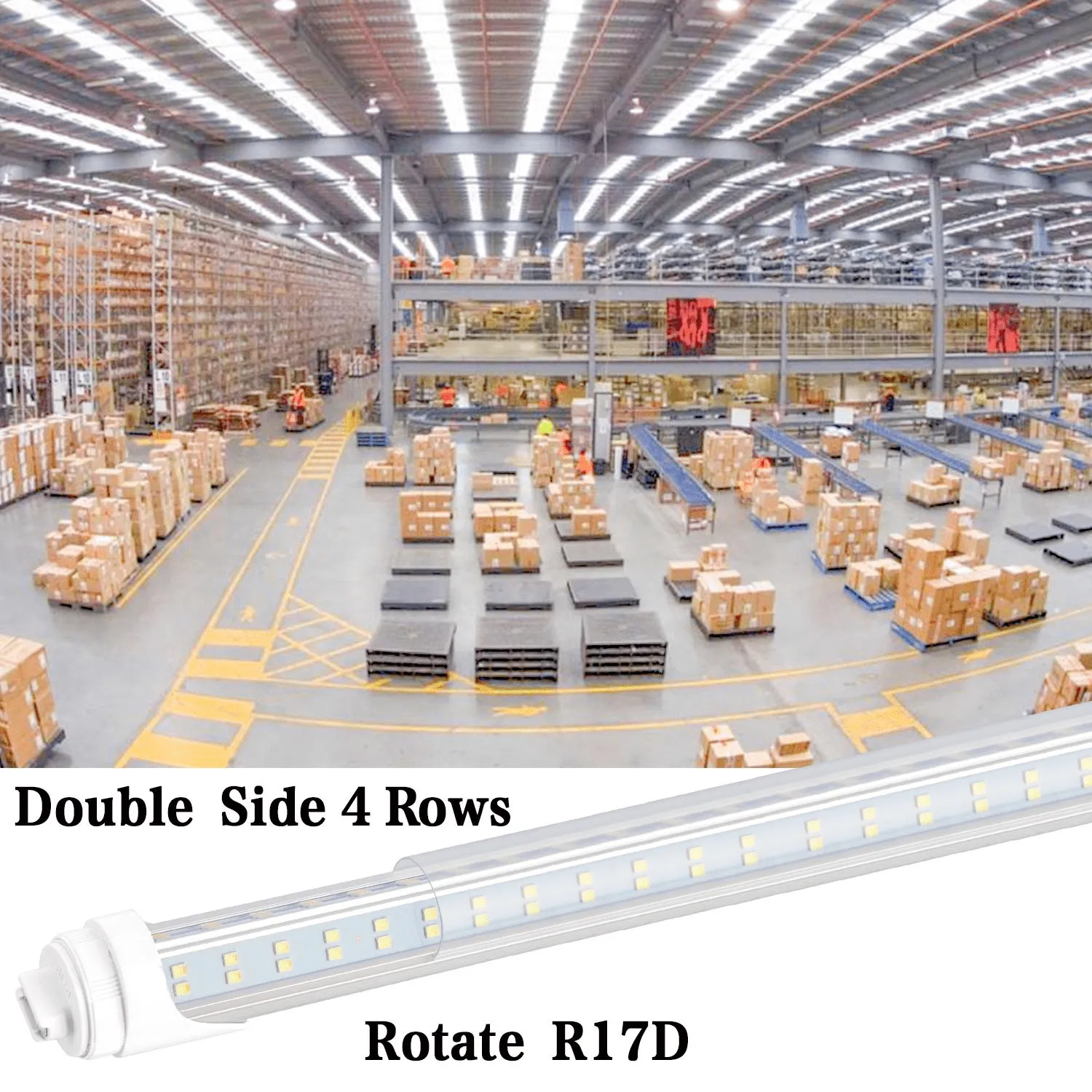 R17d Rotating Ends T8 LED 8ft 144w 21,888 Lumen CLEAR LENS (NO RF) Quad-Row V-Series