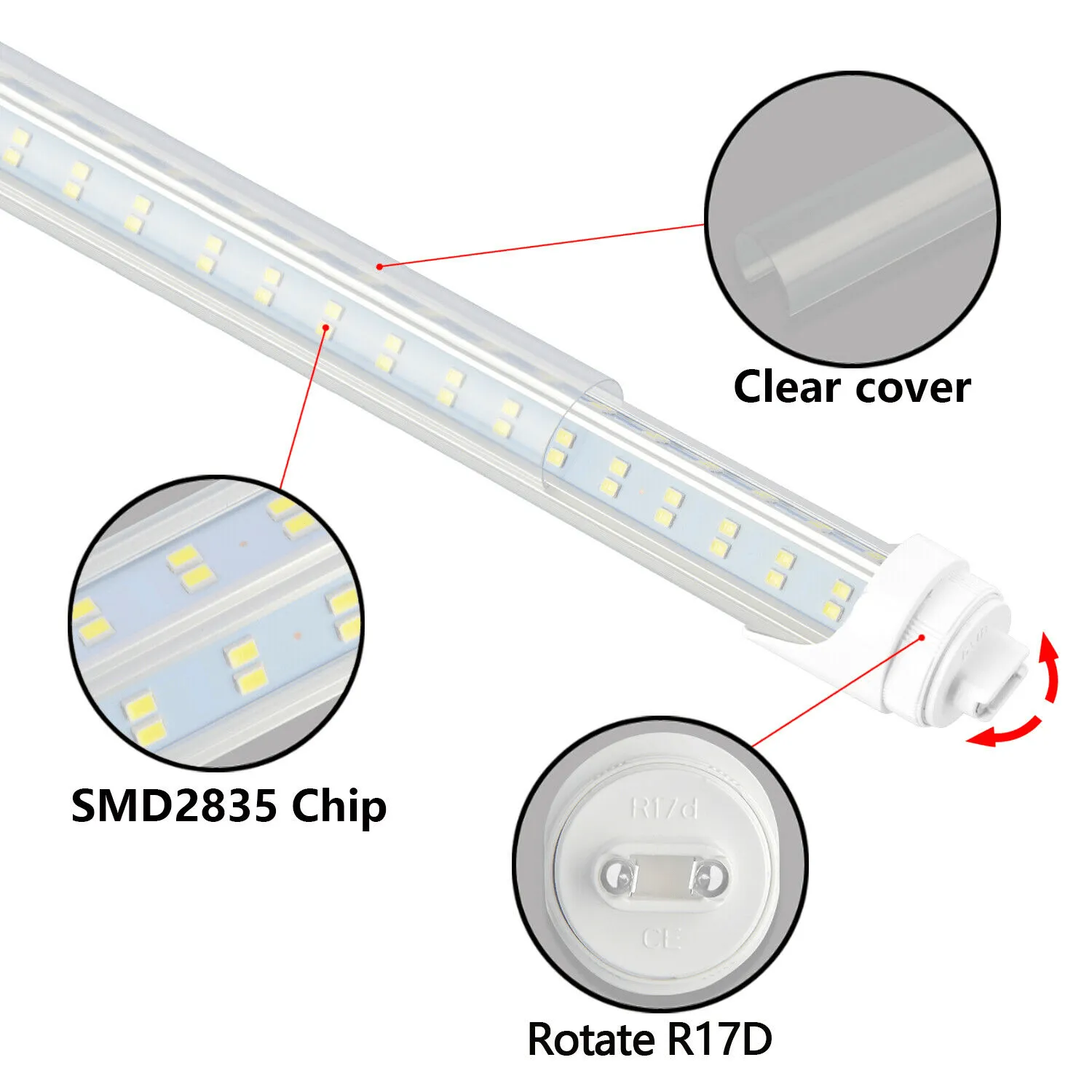 R17d Rotating Ends T8 LED 8ft 144w 21,888 Lumen CLEAR LENS (NO RF) Quad-Row V-Series