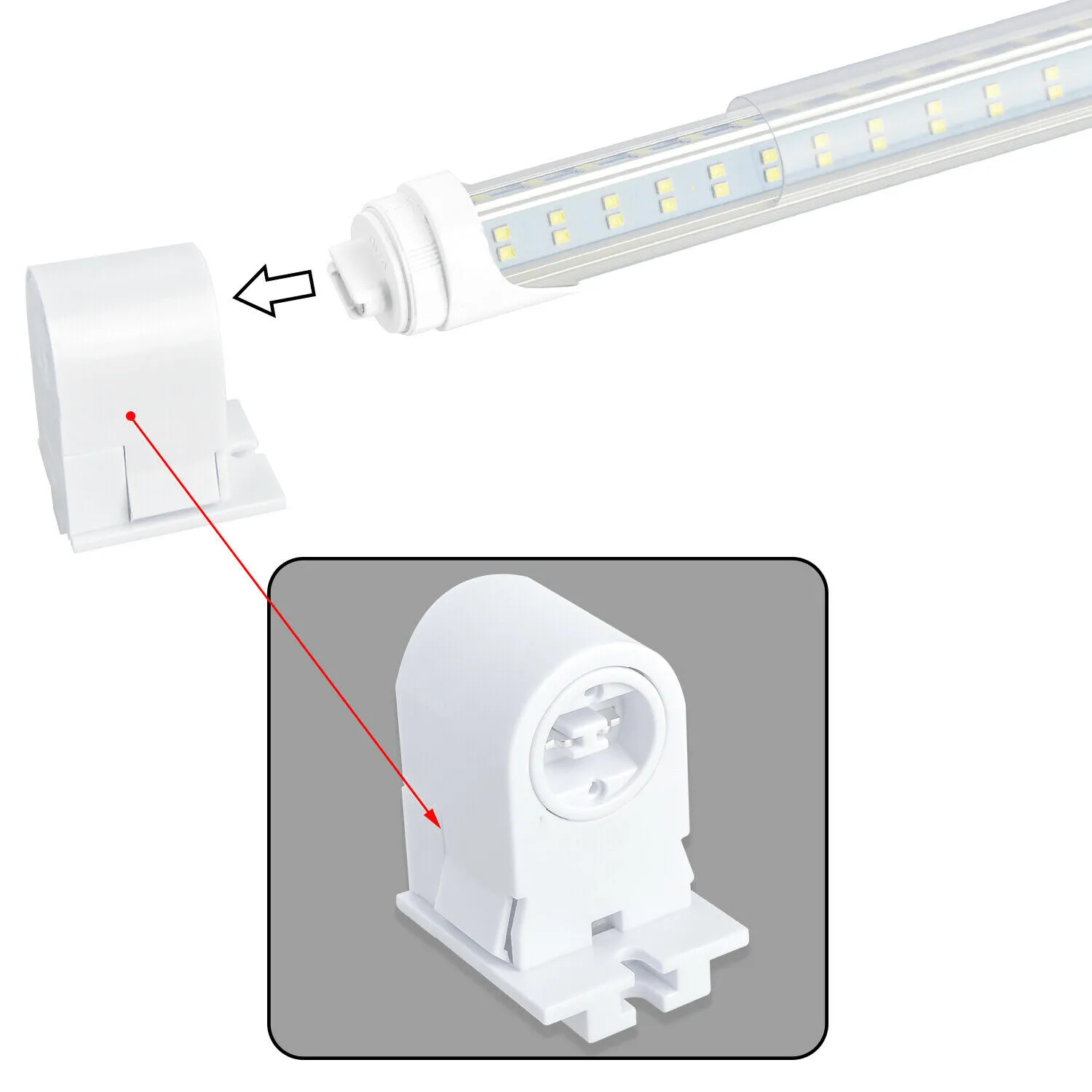 R17d Rotating Ends T8 LED 8ft 144w 21,888 Lumen CLEAR LENS (NO RF) Quad-Row V-Series
