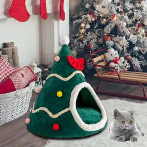 YOKEE Christmas Cat House Christmas Tree Shape Pet House for Cats Small Dogs Puppy Mat Kitten Cave Winter Warm Cat Accessories
